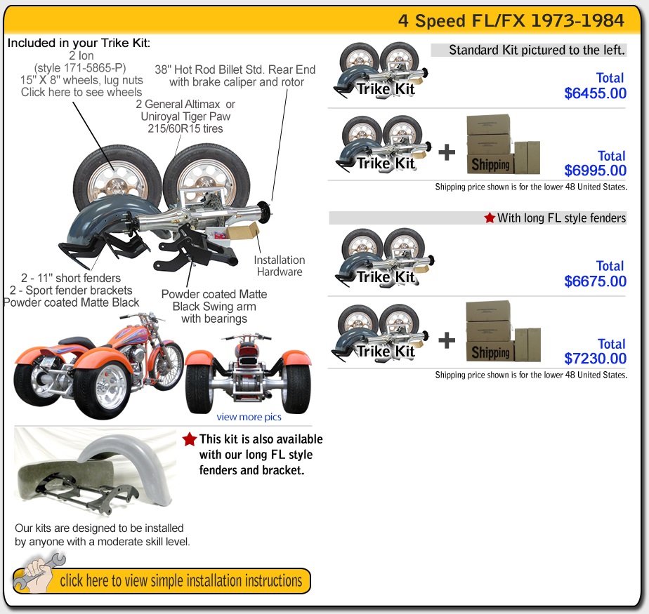 Frankenstein Trike kit for harley davidson 4 speed FL FX contents and pricing